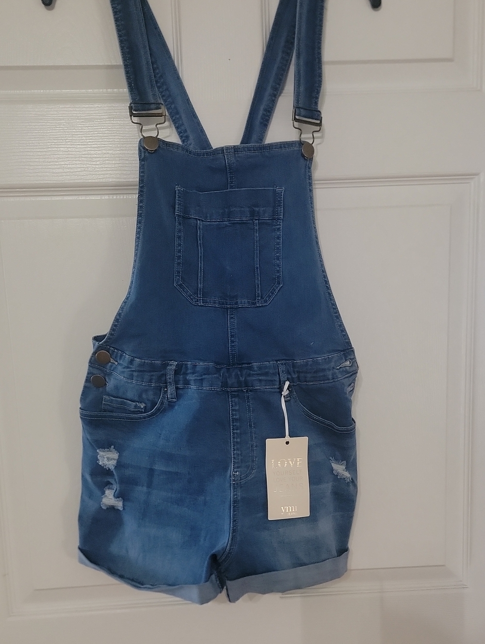YMI Light Blue Distressed Denim Short Overalls